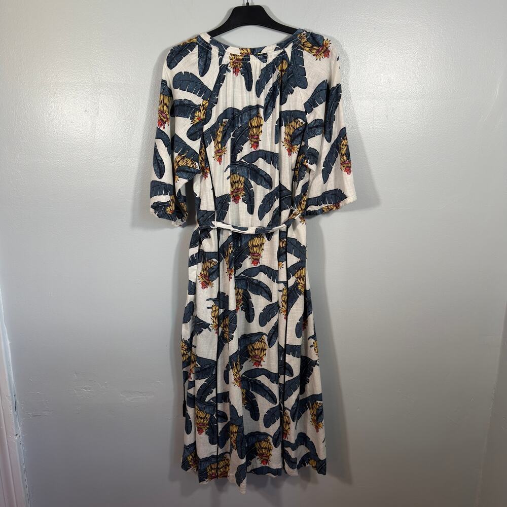 Desmond & Dempsey Linen-Blend Tropical Banana Leaf Midi Kaftan Dress S Resort - Picture 3 of 10